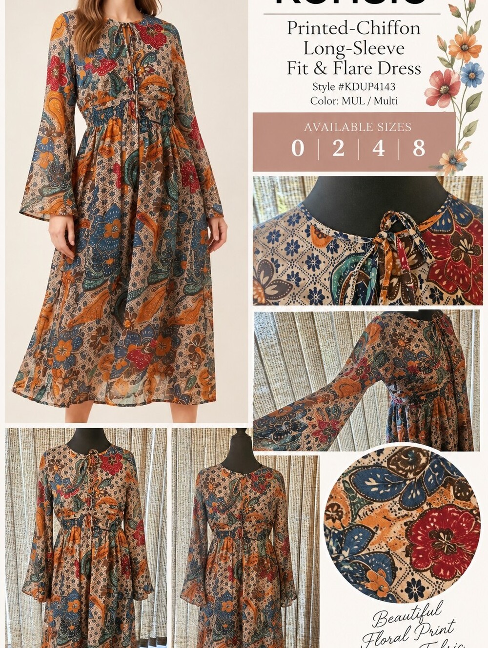 NWT Kensie Printed Chiffon Fit & Flare Dress - Multi Floral